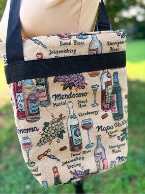 Vintage Cool Tote Wine Bag Insulated with Black Strap Wine carrier